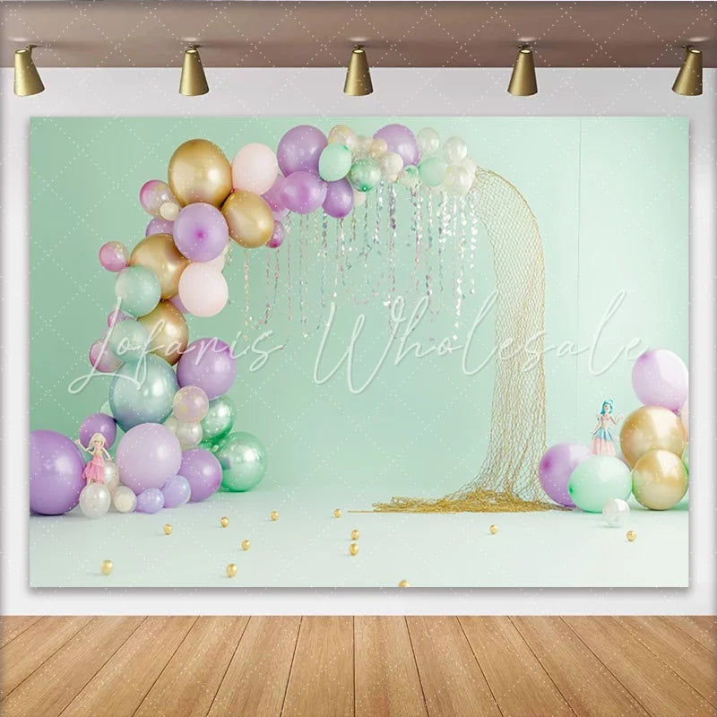 Lofaris Mint Green Mermaid Birthday Backdrop with Lavender and Gold Balloons Elegant Under the Sea Party Background for Girls Photoshoot