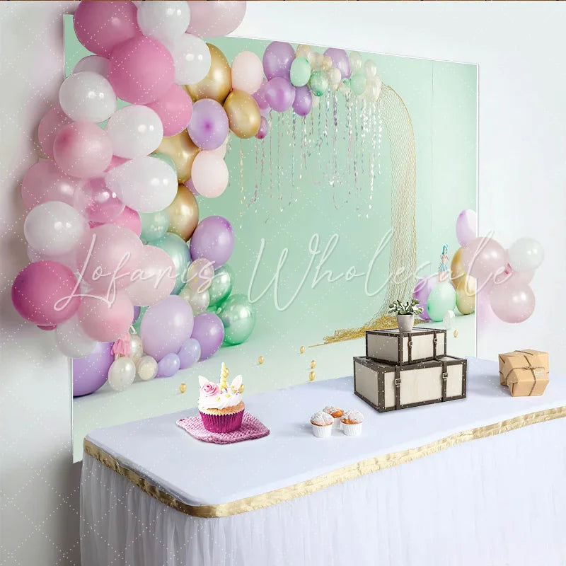 Lofaris Mint Green Mermaid Birthday Backdrop with Lavender and Gold Balloons Elegant Under the Sea Party Background for Girls Photoshoot