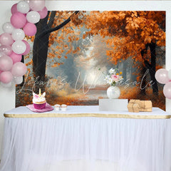 Lofaris Misty Autumn Forest Photography Backdrop with Orange Leaves and Path Natural Scenery Background for Studio Portrait