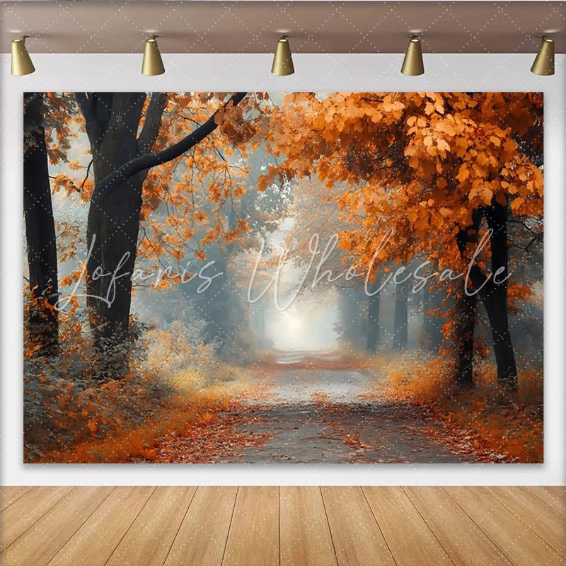 Lofaris Misty Autumn Forest Photography Backdrop with Orange Leaves and Path Natural Scenery Background for Studio Portrait