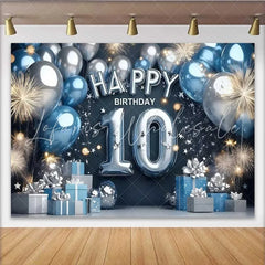 Lofaris Modern Blue and Silver 10th Birthday Backdrop Balloon Number and Gift Box Party Banner