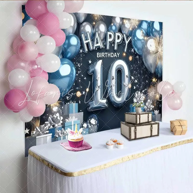 Lofaris Modern Blue and Silver 10th Birthday Backdrop Balloon Number and Gift Box Party Banner