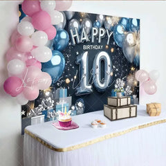 Lofaris Modern Blue and Silver 10th Birthday Backdrop Balloon Number and Gift Box Party Banner