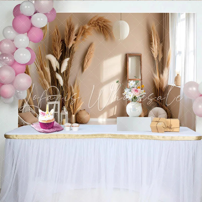 Lofaris Modern Boho Interior Photography Backdrop Pampas Grass and Lantern Photo Background