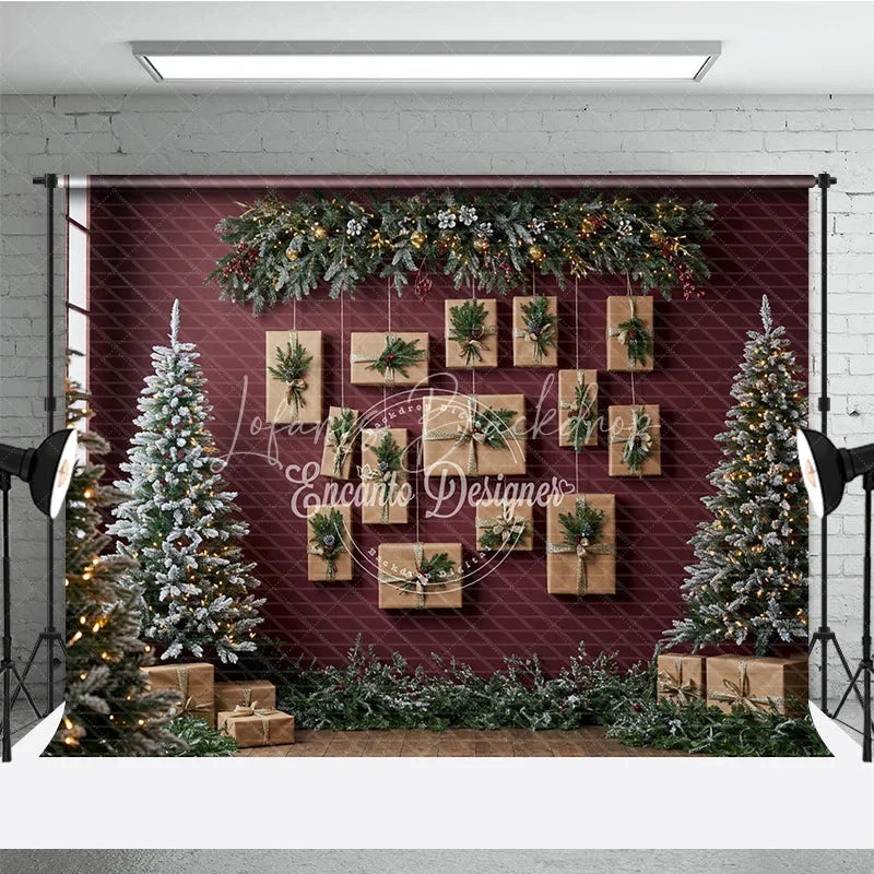 Lofaris Modern Christmas Photography Backdrop Red Wall with Hanging Kraft Paper Presents Flocked Trees Holiday Background