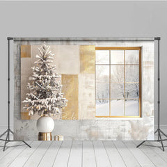 Lofaris Modern Christmas Photography Backdrop Window with Snowy Scene and Frosted Tree Neutral Holiday Studio Photo Prop