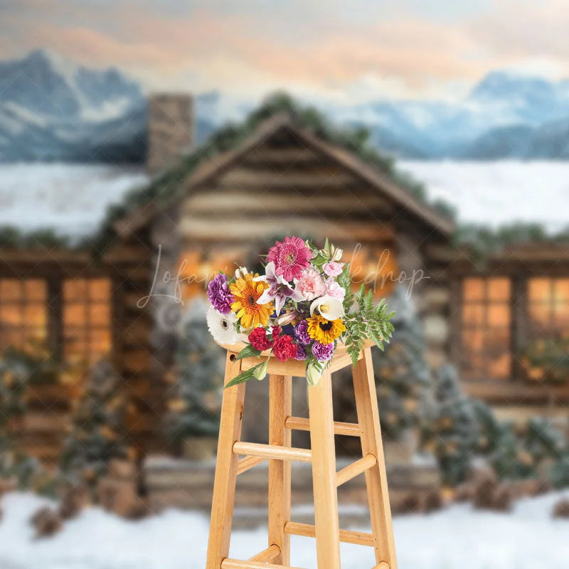 Lofaris Mountain-Foot Lighted Wood House Winter Backdrop
