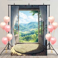 Lofaris Mountain View Balcony Backdrop Woven Rug and Open Door to Sunny Green Valley Village