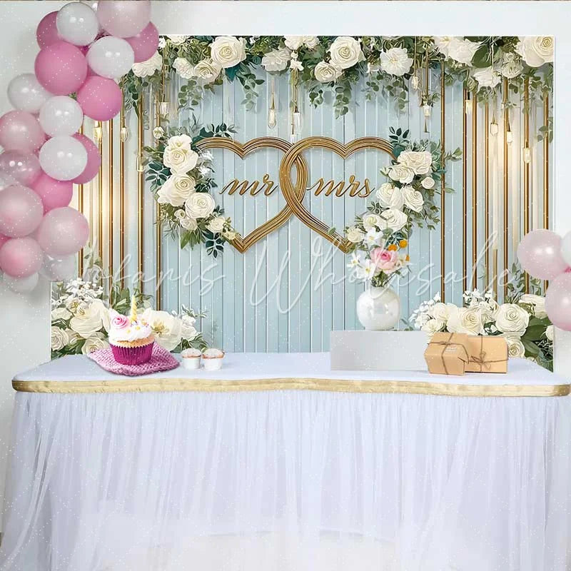 Lofaris Mr and Mrs Double Gold Hearts Wedding Backdrop White Floral and Blue Wood Party Decoration
