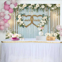 Lofaris Mr and Mrs Double Gold Hearts Wedding Backdrop White Floral and Blue Wood Party Decoration