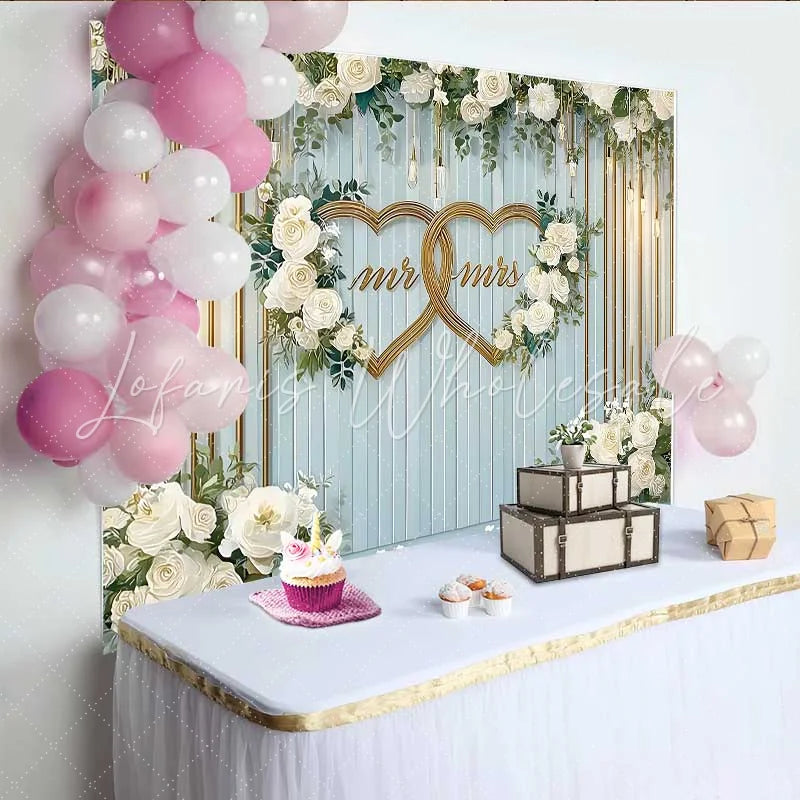 Lofaris Mr and Mrs Double Gold Hearts Wedding Backdrop White Floral and Blue Wood Party Decoration