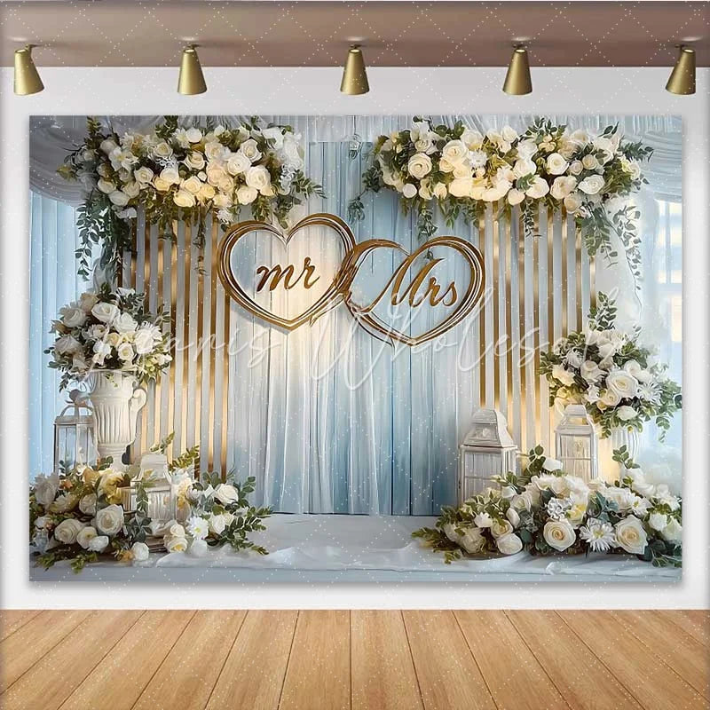 Lofaris Mr and Mrs Wedding Backdrop with White Roses and Lanterns Gold Hearts Reception Decoration