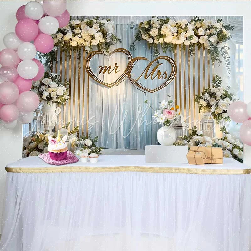 Lofaris Mr and Mrs Wedding Backdrop with White Roses and Lanterns Gold Hearts Reception Decoration