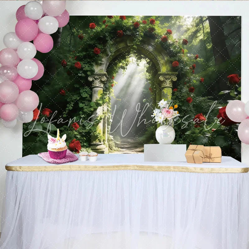 Lofaris Mystical Enchanted Forest Rose Arch Photography Backdrop Romantic Garden Background for Professional Photoshoot