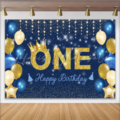 Lofaris Navy Blue and Gold First Birthday Backdrop Glitter ONE with Crown and Starry Night Party for Boys