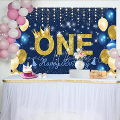 Lofaris Navy Blue and Gold First Birthday Backdrop Glitter ONE with Crown and Starry Night Party for Boys