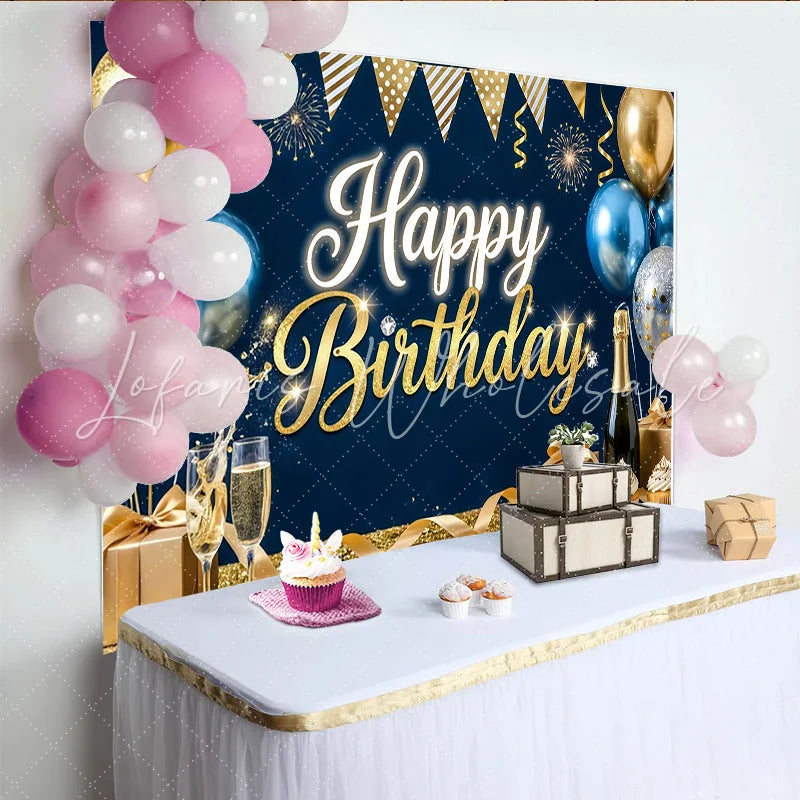 Lofaris Navy Blue and Gold Happy Birthday Backdrop Glitter Balloons Champagne Party Background Birthday Celebration Decoration