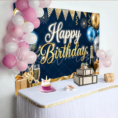 Lofaris Navy Blue and Gold Happy Birthday Backdrop Glitter Balloons Champagne Party Background Birthday Celebration Decoration