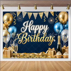 Lofaris Navy Blue and Gold Happy Birthday Backdrop Glitter Balloons Champagne Party Background Birthday Celebration Decoration