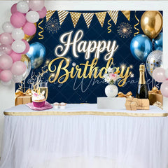 Lofaris Navy Blue and Gold Happy Birthday Backdrop Glitter Balloons Champagne Party Background Birthday Celebration Decoration
