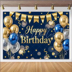 Lofaris Navy Blue and Gold Happy Birthday Backdrop with Balloons and Stars Elegant Party Background for Photo Booth Decor
