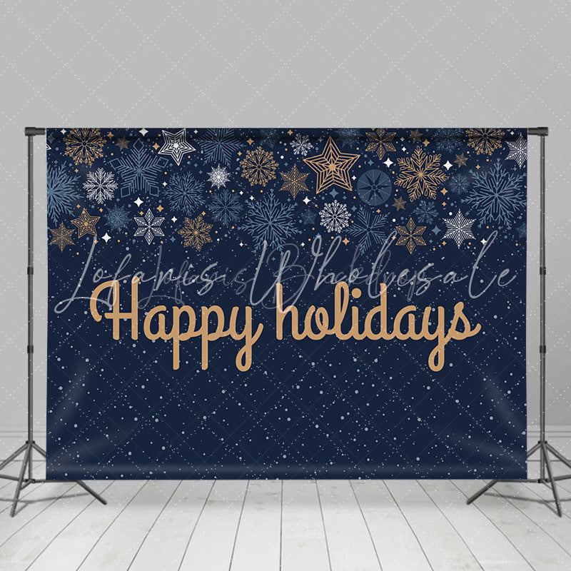 Lofaris Navy Blue Snowflake Gold Happy Holidays Backdrop