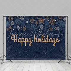 Lofaris Navy Blue Snowflake Gold Happy Holidays Backdrop