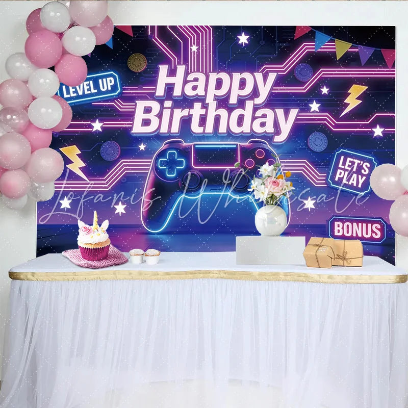 Lofaris Neon Gaming Birthday Backdrop with Controller and Level Up Signs Vibrant Party Background for Game Theme Celebration