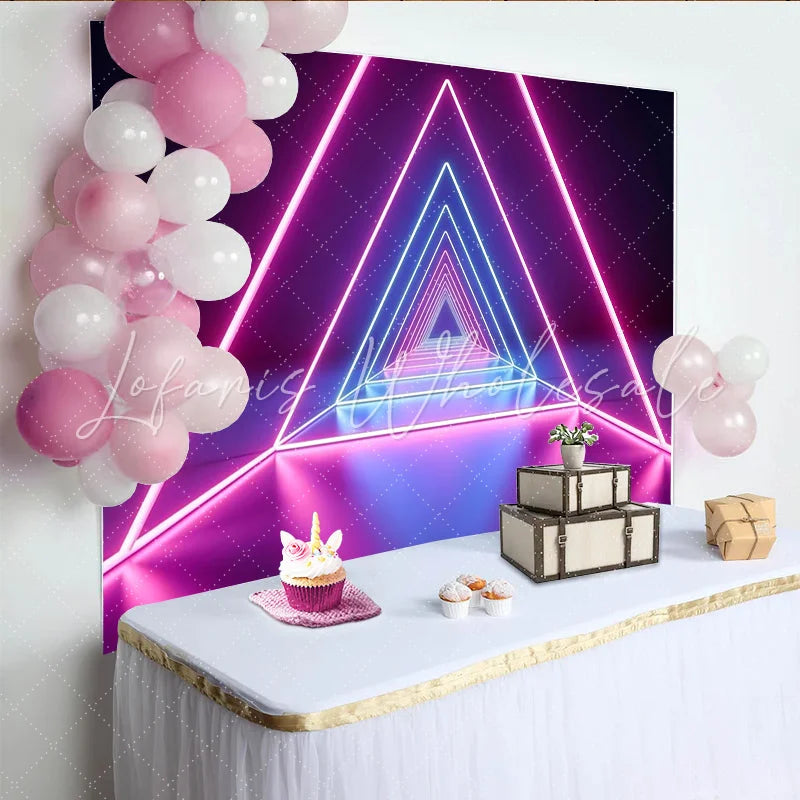 Lofaris Neon Geometric Abstract Photography Backdrop with Glowing Pink and Blue Triangles Futuristic Studio Background for Party Decor