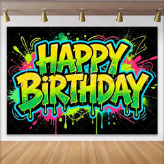 Lofaris Neon Graffiti Happy Birthday Backdrop with Paint Splatters Vibrant Party Background for Photoshoot and Decor