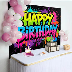 Lofaris Neon Graffiti Happy Birthday Backdrop with Paint Splatters Vibrant Party Background for Kids and Adults Photoshoot