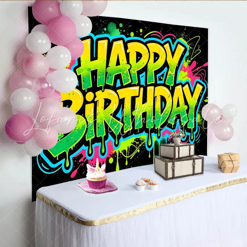 Lofaris Neon Graffiti Happy Birthday Backdrop with Paint Splatters Vibrant Party Background for Photoshoot and Decor