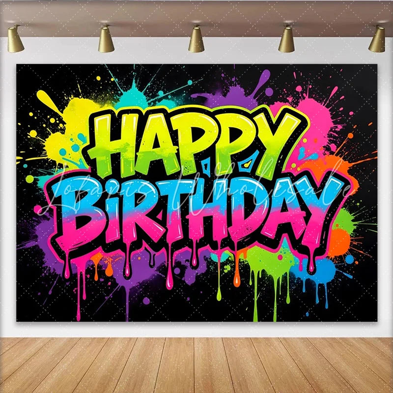 Lofaris Neon Graffiti Happy Birthday Backdrop with Paint Splatters Vibrant Party Background for Kids and Adults Photoshoot