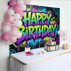 Lofaris Neon Graffiti Happy Birthday Backdrop with Vibrant Paint Splatters Energetic Photo Background for Party Decoration