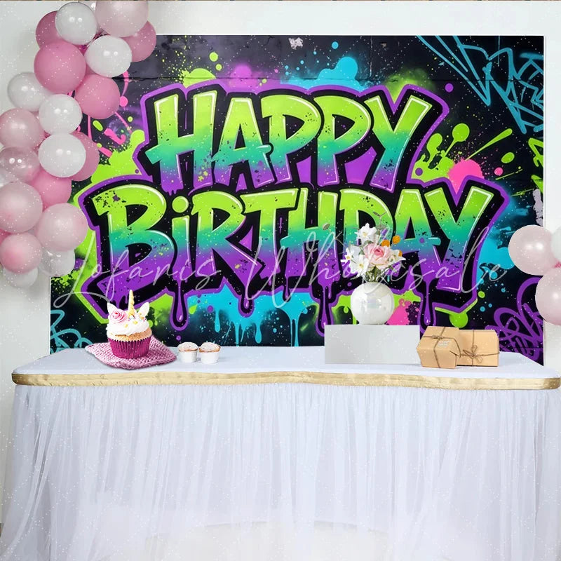 Lofaris Neon Graffiti Happy Birthday Backdrop with Vibrant Paint Splatters Energetic Photo Background for Party Decoration
