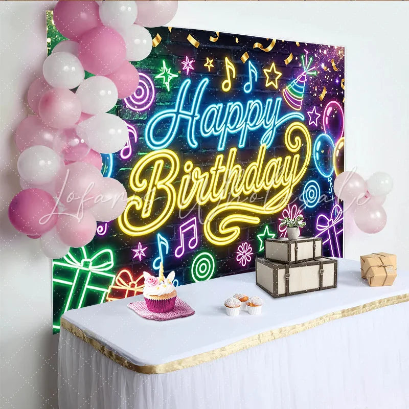 Lofaris Neon Happy Birthday Party Backdrop with Colorful Balloons and Gifts Vibrant Music Theme Background for Celebration Photography