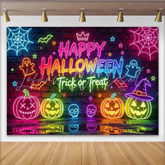 Lofaris Neon Happy Halloween Backdrop with Pumpkins Ghosts and Spiderwebs Colorful Brick Wall Background for Party Decor