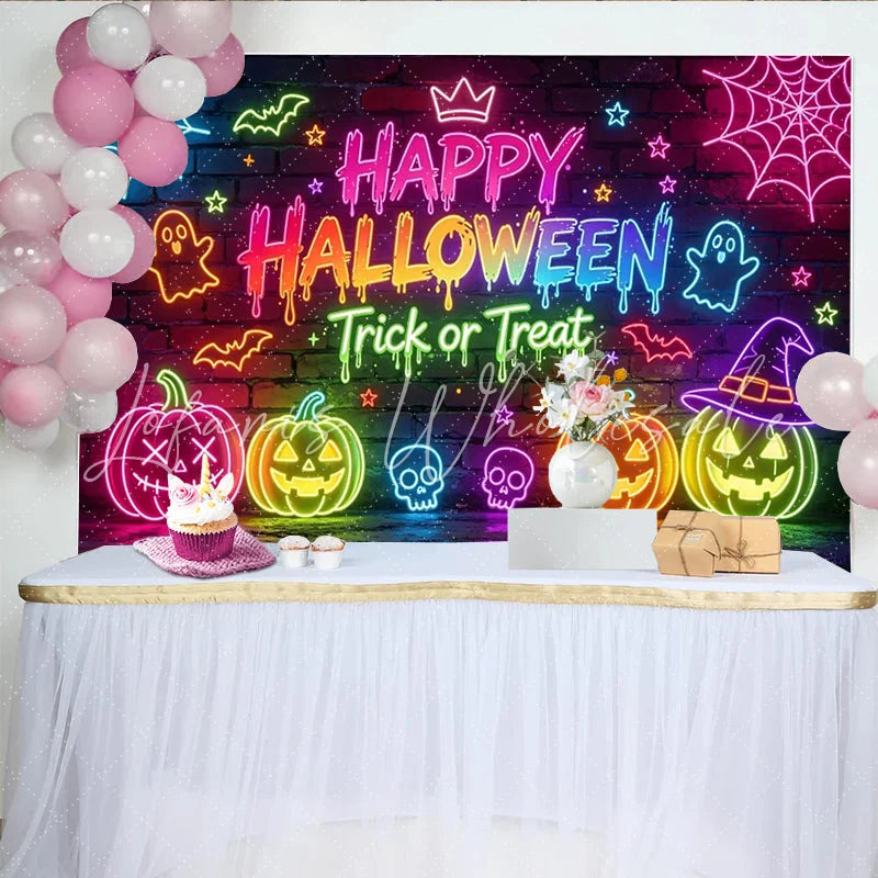 Lofaris Neon Happy Halloween Backdrop with Pumpkins Ghosts and Spiderwebs Colorful Brick Wall Background for Party Decor