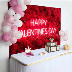 Lofaris Neon Happy Valentine’s Day Backdrop Red Rose Flower Wall for Romantic Celebration Floral Wedding Photography Background