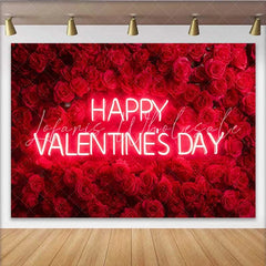 Lofaris Neon Happy Valentine’s Day Backdrop Red Rose Flower Wall for Romantic Celebration Floral Wedding Photography Background
