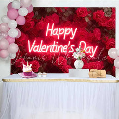 Lofaris Neon Script Happy Valentine’s Day Backdrop Deep Red Rose Wall for Romantic Anniversary Floral Wedding Party Decoration