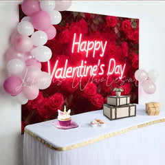 Lofaris Neon Script Happy Valentine’s Day Backdrop Deep Red Rose Wall for Romantic Anniversary Floral Wedding Party Decoration