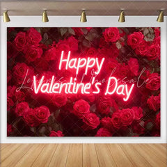 Lofaris Neon Script Happy Valentine’s Day Backdrop Deep Red Rose Wall for Romantic Anniversary Floral Wedding Party Decoration