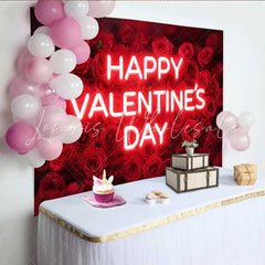 Lofaris Neon Text Happy Valentine’s Day Backdrop Red Rose Floral Field for Wedding Party Romantic Photography Studio Background