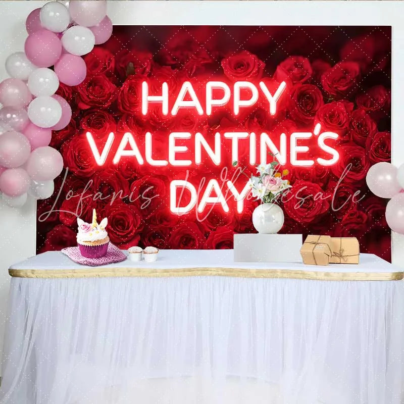 Lofaris Neon Text Happy Valentine’s Day Backdrop Red Rose Floral Field for Wedding Party Romantic Photography Studio Background