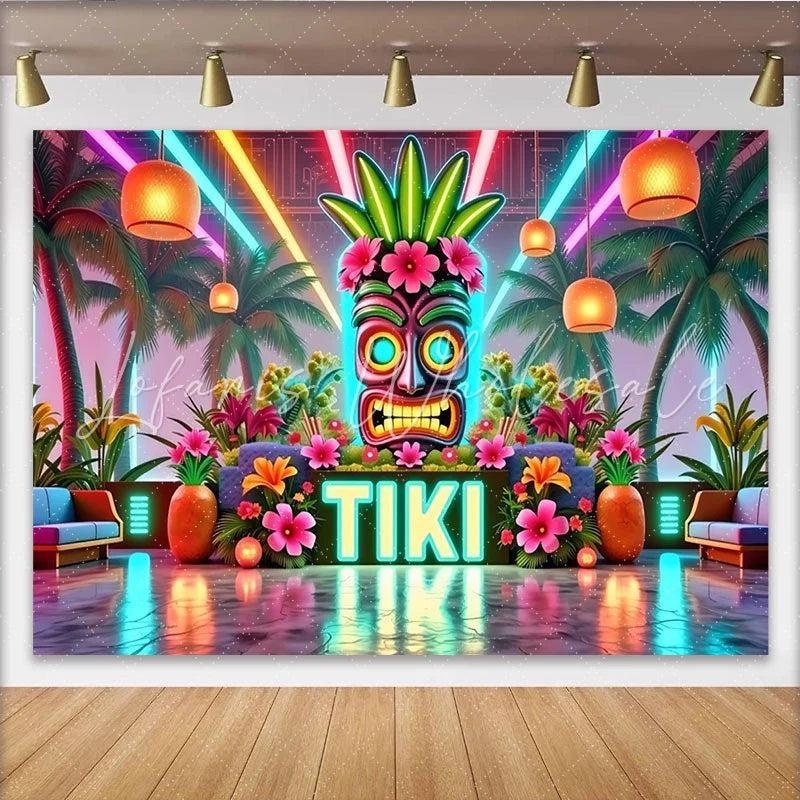 Lofaris Neon Tiki Party Backdrop with Tropical Palm Trees and Flowers Vibrant Photo Background for Summer Event