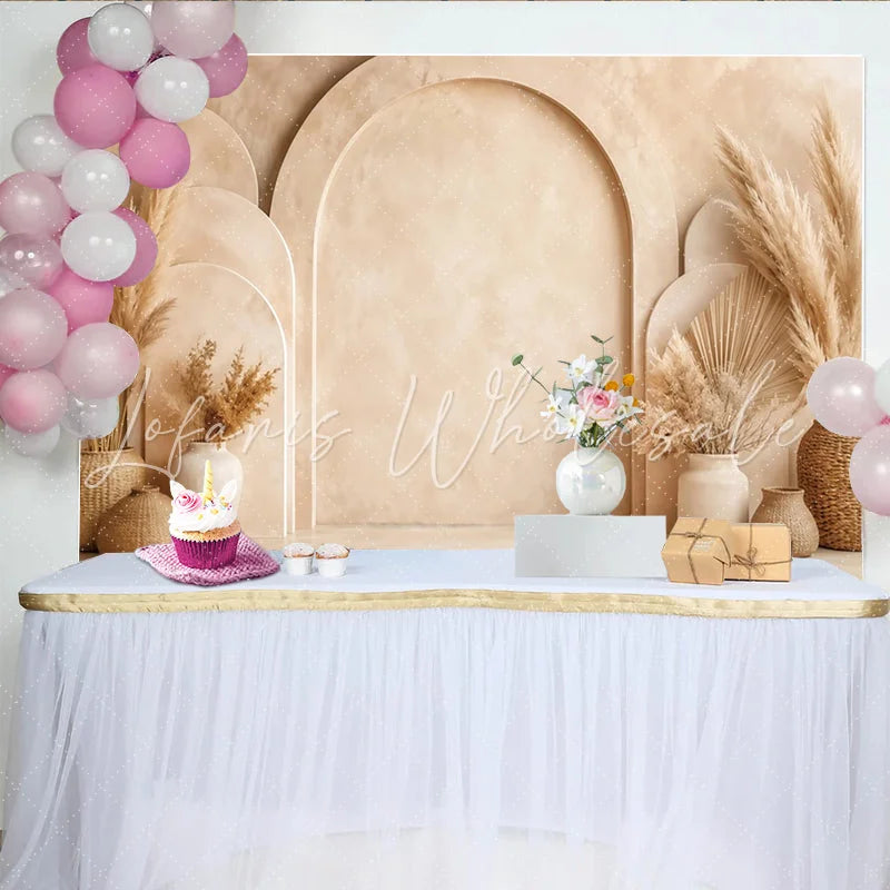 Lofaris Neutral Boho Arch Photography Backdrop with Pampas Grass Elegant Studio Background for Portrait and Event Decor