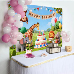Lofaris Niedlicher bunter Cartoon-Dschungeltier-Geburtstagshintergrund mit Ballons und Kuchen für Kindergeburtstage
