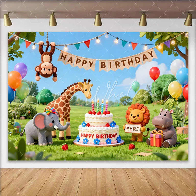 Lofaris Niedlicher bunter Cartoon-Dschungeltier-Geburtstagshintergrund mit Ballons und Kuchen für Kindergeburtstage
