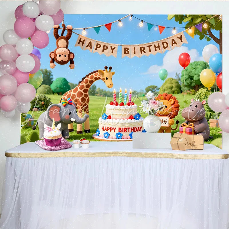 Lofaris Niedlicher bunter Cartoon-Dschungeltier-Geburtstagshintergrund mit Ballons und Kuchen für Kindergeburtstage